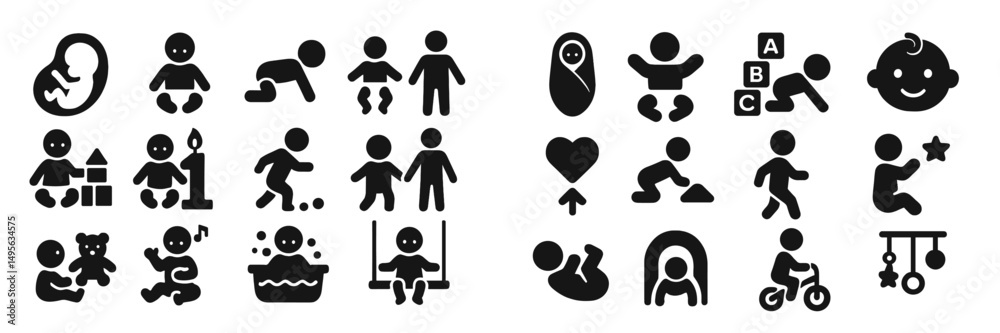 Collection of playful and developmental activities for infants and toddlers showcased in simple silhouettes