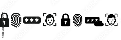 Security symbols representing biometric authentication methods such as fingerprints and facial recognition technologies
