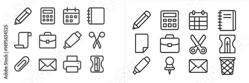 Collection of simple line icons representing office supplies and stationery items for everyday use in workspaces
