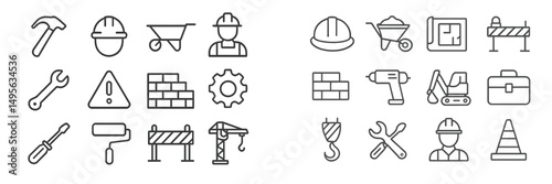 Construction icons representing tools, machinery, and safety equipment for building and renovation projects