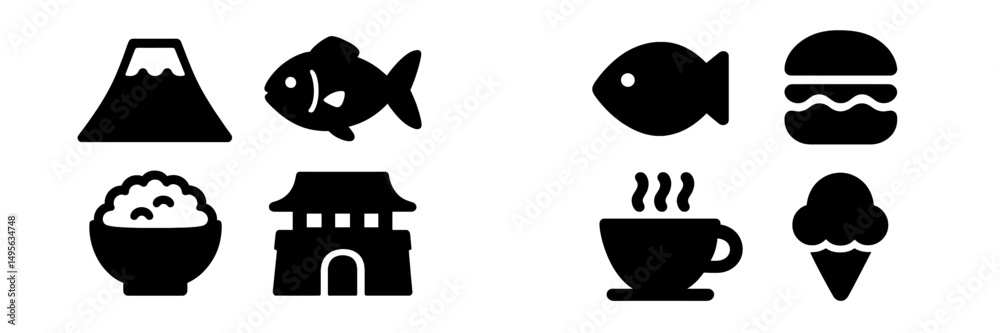 Icons representing Japanese cuisine, popular symbols, and food items from an Asian-inspired menu Icons representing Japanese cuisine, popular symbols, and food items from an Asian-inspired menu