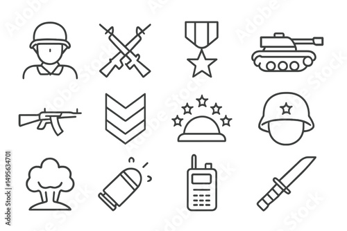 Military symbols and elements representing various aspects of defense and combat situations in a simple illustrative style