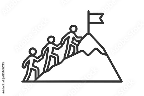 Climbers ascend a mountain to reach the peak while carrying a flag during a bright day in a picturesque outdoor landscape