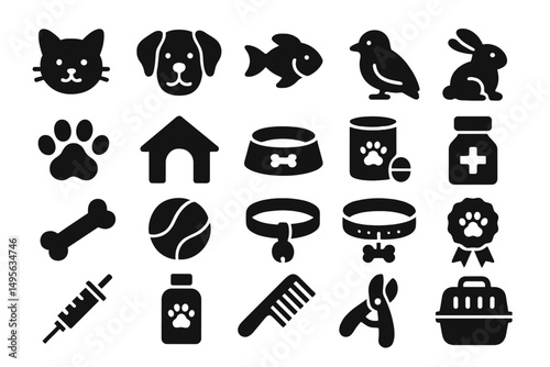Various pet symbols including animals, food, and care items in a simple design