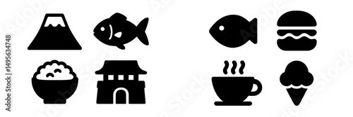 Icons representing Japanese cuisine, popular symbols, and food items from an Asian-inspired menu