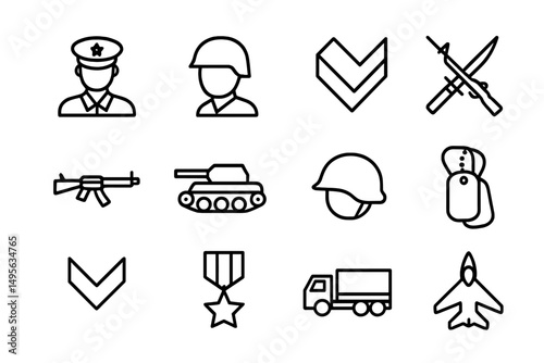 Military symbols and icons representing various aspects of armed forces and defense