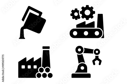 Industrial icons representing manufacturing processes and machinery in a modern facility
