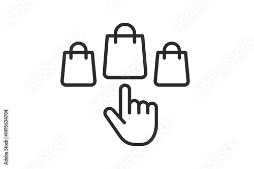 Hands selecting shopping bags in a minimalist design for an online shopping experience