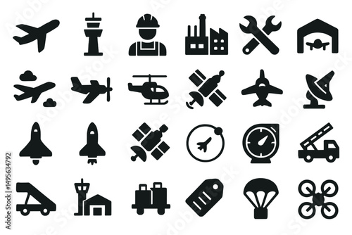 Illustrations of various aviation and aerospace elements including vehicles, tools, and infrastructure relevant to aviation activities