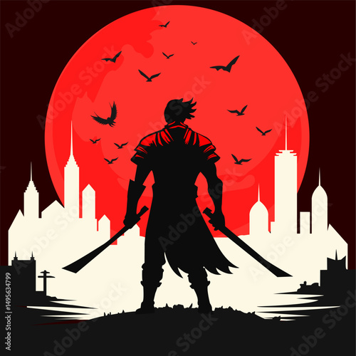 Dark silhouette of a lone samurai holding two katanas, standing in front of a glowing red moon and modern city skyline. Dramatic composition in flat graphic style with strong contrast and mystery