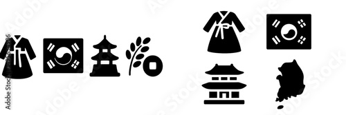 Cultural symbols of Korea and Japan displayed through simple icons showcasing traditional attire, landmarks, and cultural elements