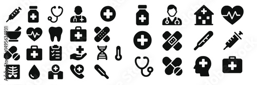 Health-related icons featuring medical symbols, tools, and professionals in a comprehensive design