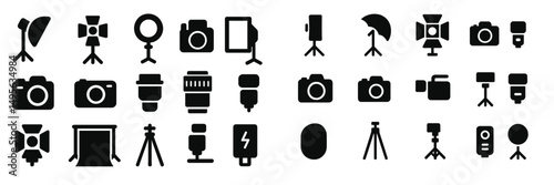 Collection of photography equipment displayed in a creative arrangement showcasing various tools and accessories