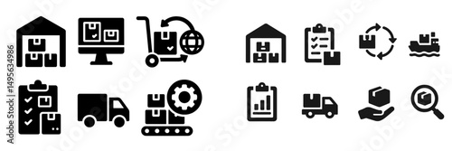 Logistics and inventory management icons illustrating warehousing and shipping processes