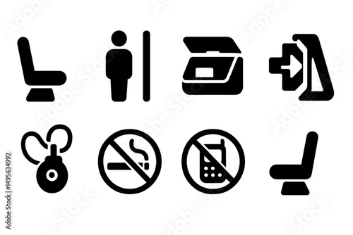 Icons depicting public transportation rules and amenities in a simple graphic design