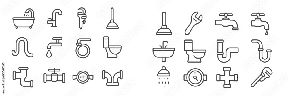 Collection of plumbing icons representing various fixtures and tools for home repair and maintenance tasks Collection of plumbing icons representing various fixtures and tools for home repair and maintenance tasks