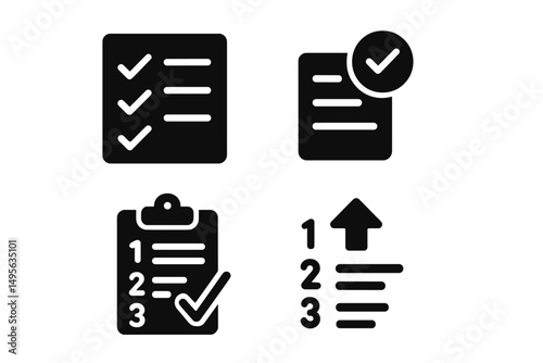 Black icons representing task lists, checklists, and organization in a minimalistic style for productivity and planning