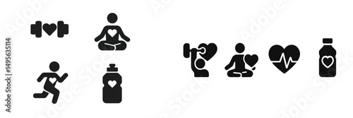 Symbols representing diverse health and wellness activities promoting fitness, mindfulness, and nutrition in a balanced lifestyle