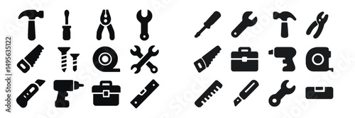 Black and white icons of various tools arranged in a grid pattern for construction and repair projects
