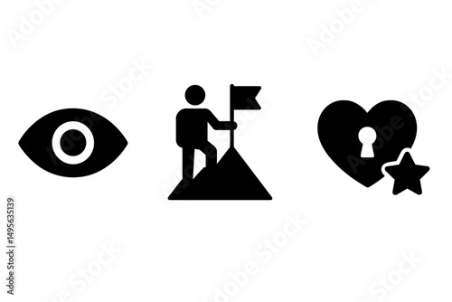 Symbols representing vision, achievement, and love in a minimalist design suitable for various contexts