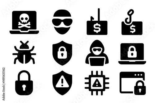 Symbols representing cybersecurity threats and solutions illustrated in a minimalist black and white design