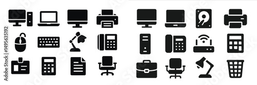 Variety of black icons representing office supplies and equipment arranged in a grid format for easy identification and use