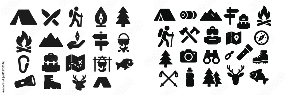 Camping icons and symbols depicting outdoor activities in nature with various gear and elements Camping icons and symbols depicting outdoor activities in nature with various gear and elements