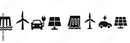Symbols representing different renewable energy sources and sustainable transportation options for a greener future