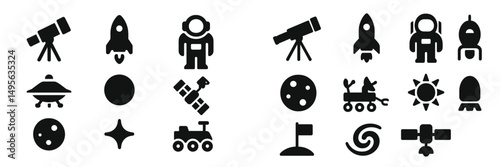 Various space exploration icons depicting activities and equipment in a black and white design