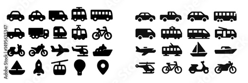 Transportation illustrations featuring various vehicles and modes of travel in a minimalist black design