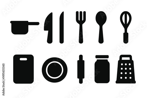 Kitchen utensils and tools displayed on a simple background for culinary use and practice