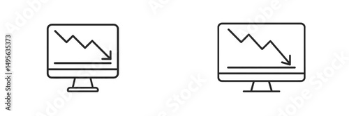 Declining trends depicted on computer screens with downward arrows in a minimalistic design