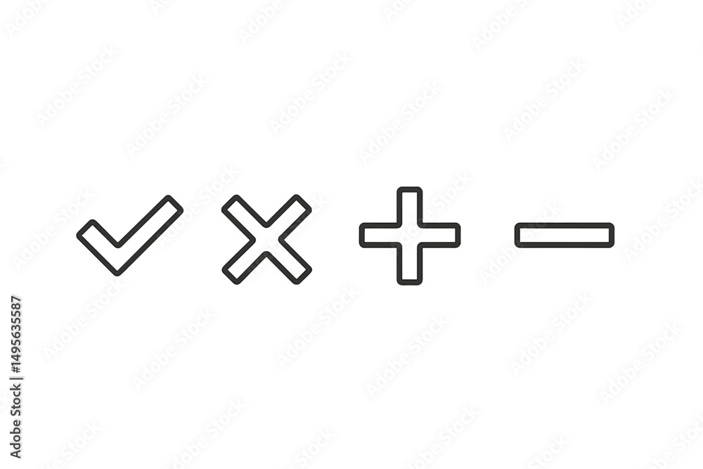 Fototapeta premium Simple symbols representing confirmation, negation, addition, and subtraction for educational illustration
