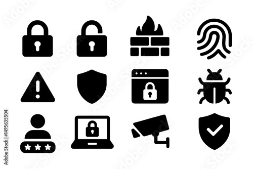 Secure symbols include locks, shields, and indicators of cybersecurity and privacy measures