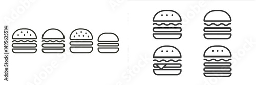 Collection of simple burger icons featuring various styles and toppings for design