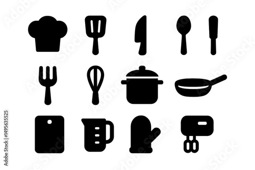 Various cooking utensils and tools depicted in a simple black silhouette style suitable for culinary artwork