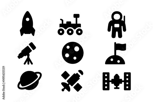 Exploring outer space with rockets, rovers, astronauts, and celestial bodies in a creative illustration