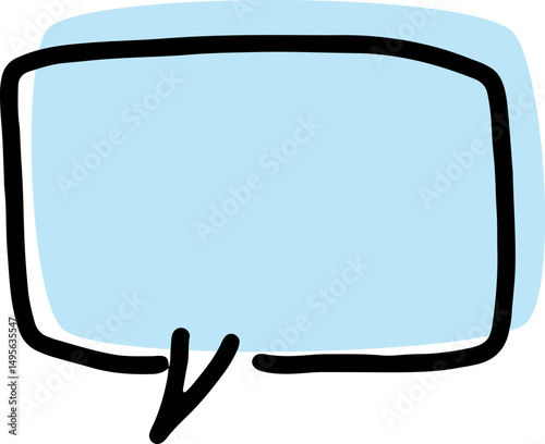 one empty dialog speech bubble with thick black outlines, drawn by hand in careless curves with a rectangular blue fill crookedly positioned