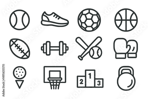 Collection of various sports equipment and fitness icons for athletic activities promotion and education