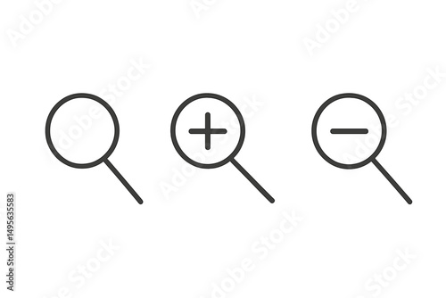 Magnifying glass illustrations representing search, zoom in, and zoom out actions in digital interfaces