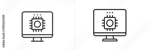 Two minimalist computer designs featuring microchips displayed on screens in a modern, digital workspace setting