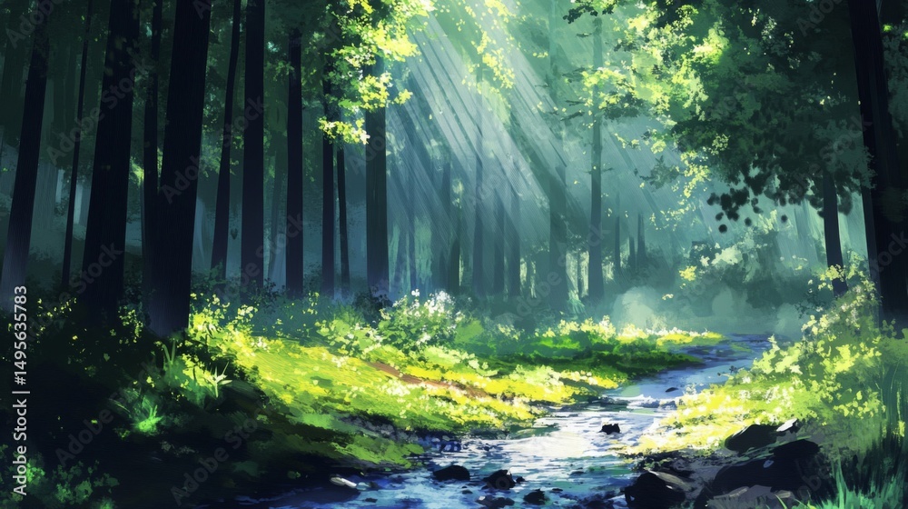 Obraz premium Sunlit Forest Stream Digital Painting