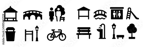 Black silhouettes of park elements include benches, bicycles, bridges, and play areas in a simple design