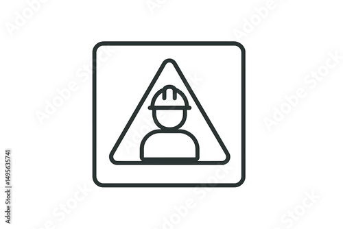 Safety sign indicating construction area with worker silhouette and hard hat design in clear triangular shape