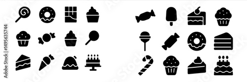 Sweet assortment of desserts and candies on a white background featuring vibrant shapes and playful designs