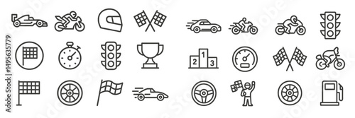 Racing icons collection featuring vehicles, helmets, traffic signals, and trophies illustrating motorsport activities