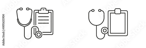 Stethoscope and clipboard icons representing healthcare and medical practice in a simple design on a white background