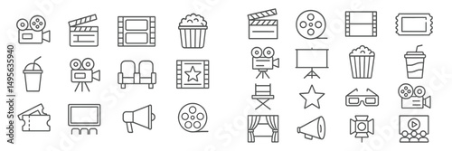 Collection of cinema and film related icons showcasing various elements of movie viewing and production