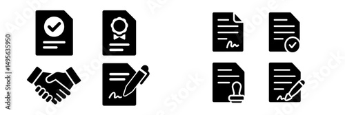 Icons depicting business agreements, contracts, and signing processes in a professional setting during the day