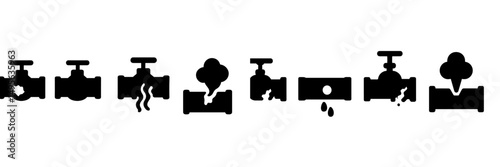 Various representations of faucets showing water leakage, steam, and different flow patterns in a basic format